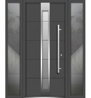Front Exterior Prehung Steel Door / Deux 1717 Gray Graphite / 2 Side Exterior Windows / Stainless Inserts Single Modern Painted-W12+36+12" x H80"-Left-hand Inswing