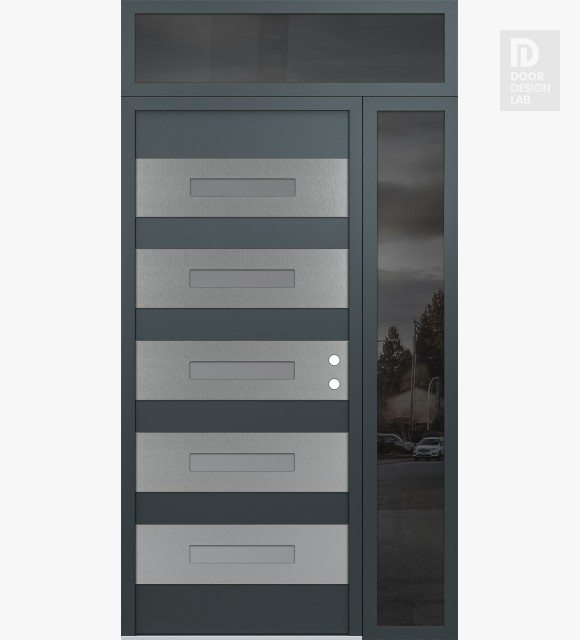Modern Steel Front Door Diamond D9 50" x 96" anthracite/anthracite frosted Glass Panel stainless steel LHI with Sidelite and Transom mirrored Glass