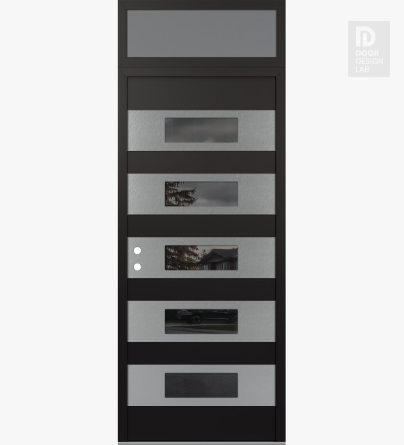 Modern Steel Front Door Diamond D5 36" x 96" black/black mirrored Glass Panel stainless steel RHI with Transom frosted Glass