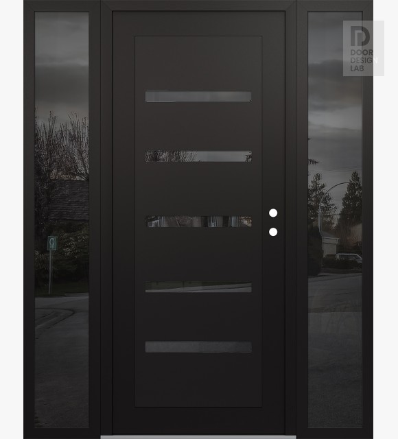 Modern Steel Front Door Diamond C7 60" x 80" black/black mirrored Glass Panel black LHI with 2 Sidelites mirrored Glass