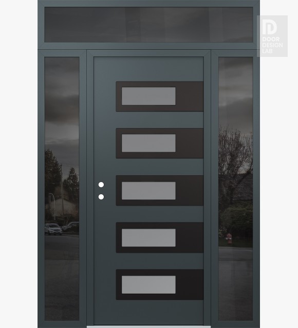Modern Steel Front Door Diamond D3 60" x 96" anthracite/anthracite frosted Glass Panel black RHI with 2 Sidelites and Transom mirrored Glass
