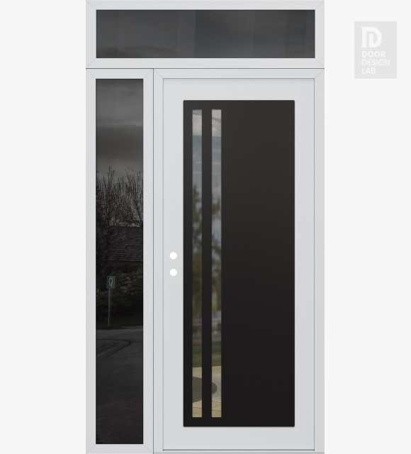 Modern Steel Front Door Diamond C6 48" x 96" white/white clear Glass Panel black RHI with Sidelite and Transom mirrored Glass