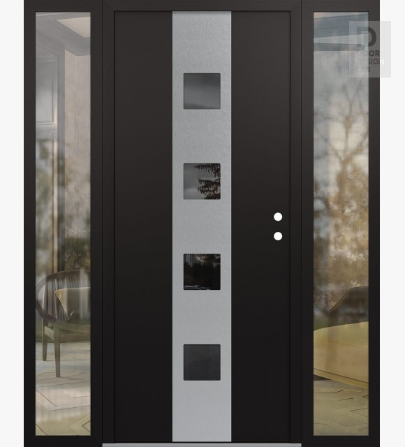 Modern Steel Front Door DIAMOND A12 64" X 80" BLACK/BLACK MIRRORED GLASS PANEL STAINLESS STEEL LHI WITH 2 SIDELITES CLEAR GLASS