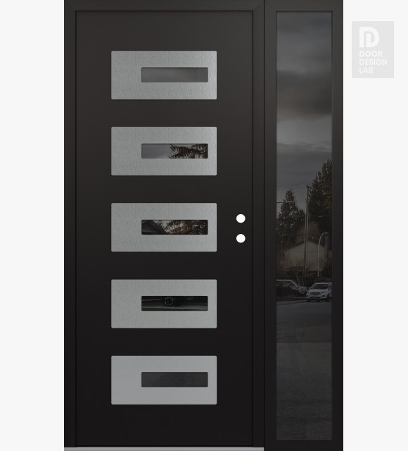 Modern Steel Front Door Diamond D6 52" x 80" black/black mirrored Glass Panel stainless steel LHI with Sidelite mirrored Glass