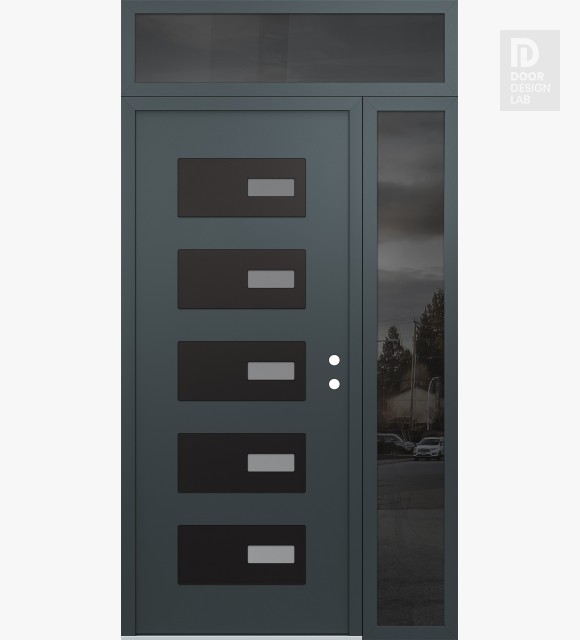 Modern Steel Front Door Diamond D7 50" x 96" anthracite/anthracite frosted Glass Panel black LHI with Sidelite and Transom mirrored Glass