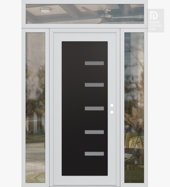 Modern Steel Front Door Diamond C8 64" x 96" white/white frosted Glass Panel black LHI with 2 Sidelites and Transom clear Glass