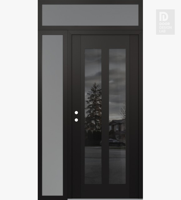 Modern Steel Front Door Diamond C14 50" x 96" black/black mirrored Glass Panel black RHI with Sidelite and Transom frosted Glass