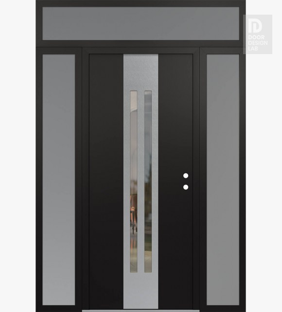 Modern Steel Front Door DIAMOND A8 64" X 96" BLACK/BLACK CLEAR GLASS PANEL STAINLESS STEEL LHI WITH 2 SIDELITES AND TRANSOM FROSTED GLASS