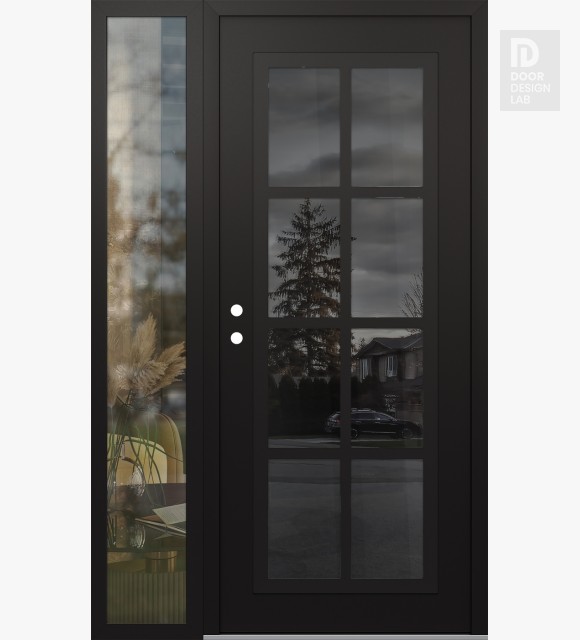 Modern Steel Front Door Diamond C16 50" x 80" black/black mirrored Glass Panel black RHI with Sidelite clear Glass