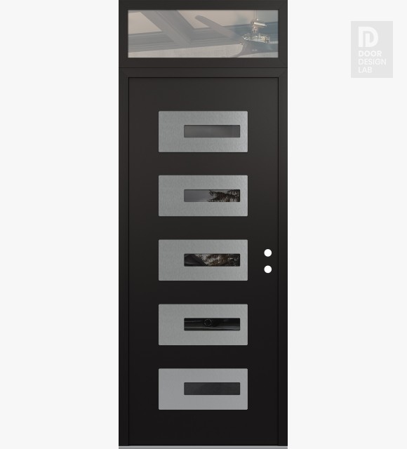 Modern Steel Front Door Diamond D6 36" x 96" black/black mirrored Glass Panel stainless steel LHI with Transom clear Glass