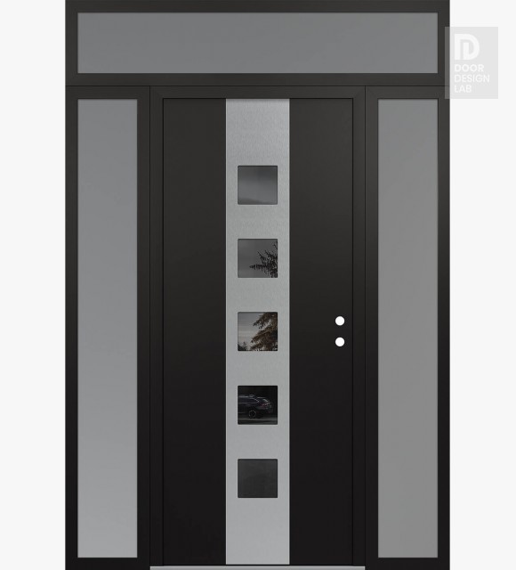 Modern Steel Front Door DIAMOND A13 68" X 96" BLACK/BLACK MIRRORED GLASS PANEL STAINLESS STEEL LHI WITH 2 SIDELITES AND TRANSOM FROSTED GLASS