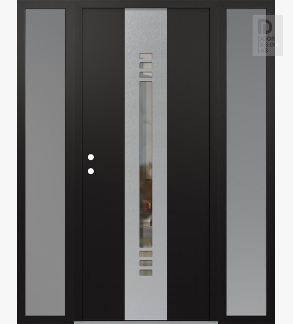 Modern Steel Front Door DIAMOND A5 64" X 80" BLACK/BLACK CLEAR GLASS PANEL STAINLESS STEEL RHI WITH 2 SIDELITES FROSTED GLASS