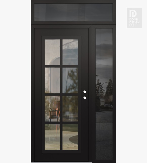 Modern Steel Front Door Diamond C16 50" x 96" black/black clear Glass Panel black LHI with Sidelite and Transom mirrored Glass