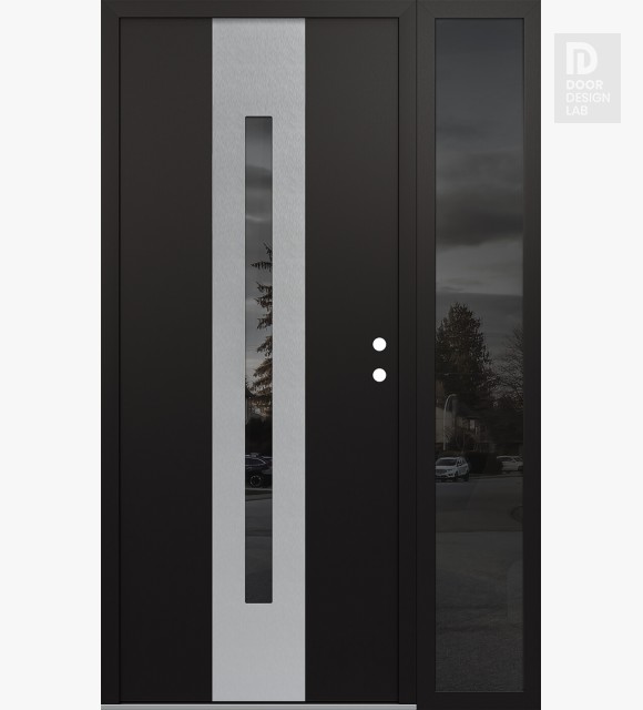 Modern Steel Front Door DIAMOND A2 48" X 80" BLACK/BLACK MIRRORED GLASS PANEL STAINLESS STEEL LHI WITH SIDELITE MIRRORED GLASS