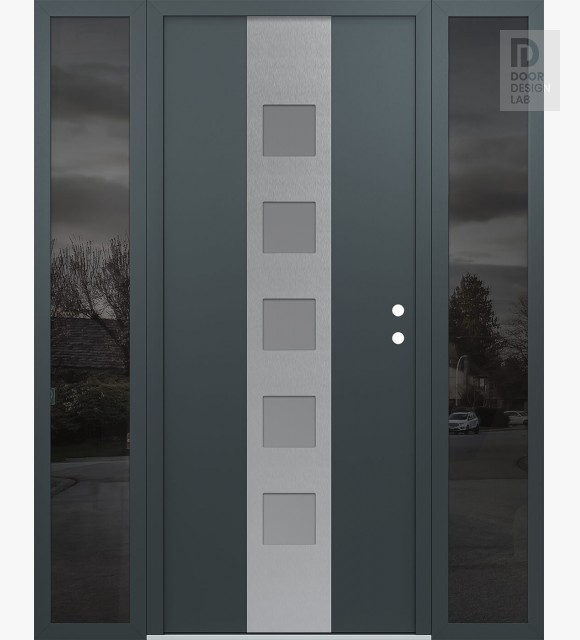 Modern Steel Front Door DIAMOND A13 64" X 80" ANTHRACITE/ANTHRACITE FROSTED GLASS PANEL STAINLESS STEEL LHI WITH 2 SIDELITES MIRRORED GLASS