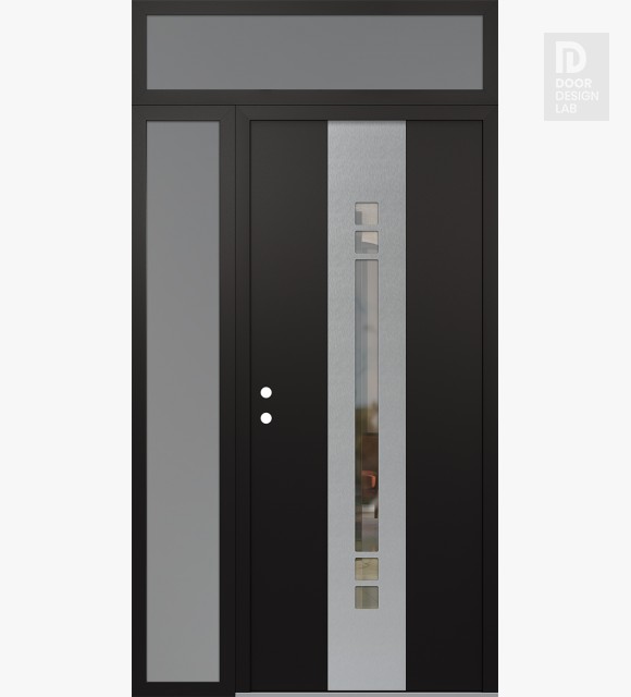 Modern Steel Front Door DIAMOND A4 48" X 96" BLACK/BLACK CLEAR GLASS PANEL STAINLESS STEEL RHI WITH SIDELITE AND TRANSOM FROSTED GLASS