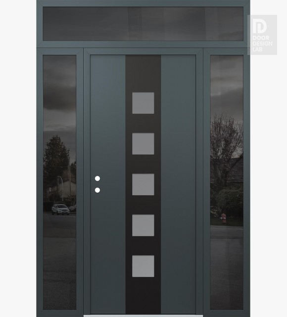 Modern Steel Front Door DIAMOND A13 60" X 96" ANTHRACITE/ANTHRACITE FROSTED GLASS PANEL BLACK RHI WITH 2 SIDELITES AND TRANSOM MIRRORED GLASS