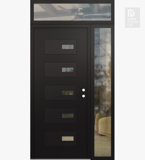 Modern Steel Front Door Diamond D7 50" x 96" black/black clear Glass Panel black LHI with Sidelite and Transom clear Glass