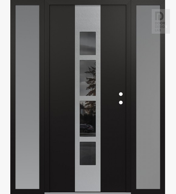 Modern Steel Front Door DIAMOND A10 60" X 80" BLACK/BLACK MIRRORED GLASS PANEL STAINLESS STEEL LHI WITH 2 SIDELITES FROSTED GLASS