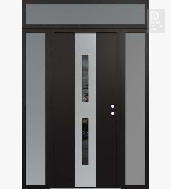 Modern Steel Front Door DIAMOND A6 60" X 96" BLACK/BLACK MIRRORED GLASS PANEL STAINLESS STEEL LHI WITH 2 SIDELITES AND TRANSOM FROSTED GLASS