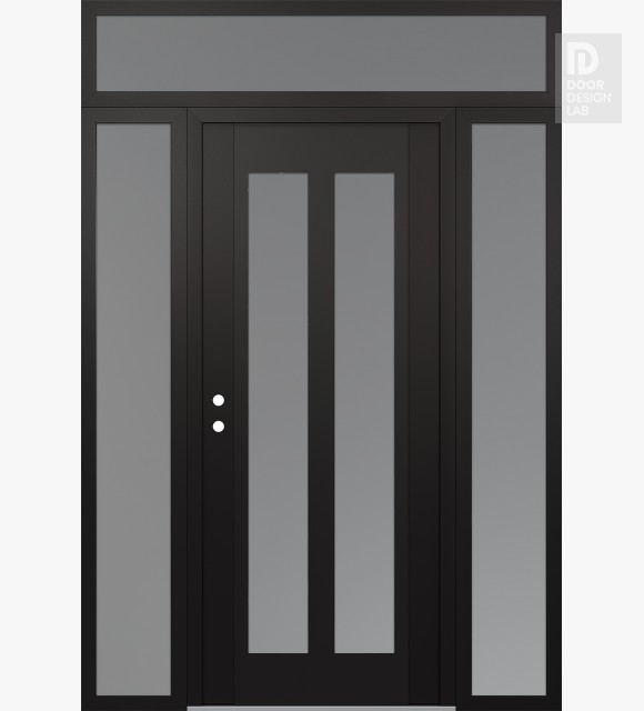 Modern Steel Front Door Diamond C14 64" x 96" black/white frosted Glass Panel black RHI with 2 Sidelites and Transom frosted Glass