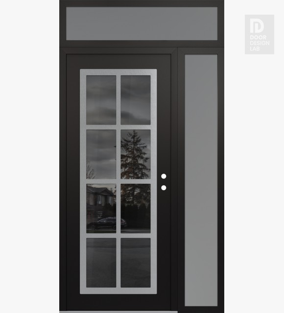 Modern Steel Front Door Diamond C16 48" x 96" black/black mirrored Glass Panel stainless steel LHI with Sidelite and Transom frosted Glass