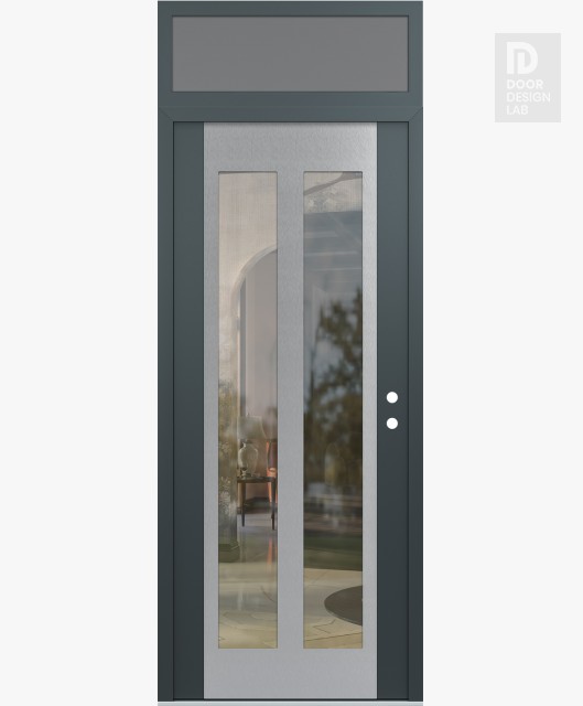 Modern Steel Front Door Diamond C14 36" x 96" anthracite/anthracite clear Glass Panel stainless steel LHI with Transom frosted Glass
