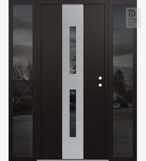 Modern Steel Front Door DIAMOND A6 68" X 80" BLACK/BLACK MIRRORED GLASS PANEL STAINLESS STEEL LHI WITH 2 SIDELITES MIRRORED GLASS