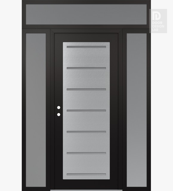Modern Steel Front Door Diamond C11 64" x 96" black/white frosted Glass Panel stainless steel RHI with 2 Sidelites and Transom frosted Glass