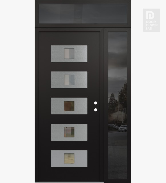 Modern Steel Front Door Diamond D8 50" x 96" black/black clear Glass Panel stainless steel LHI with Sidelite and Transom mirrored Glass