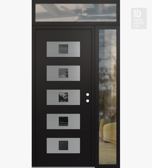 Modern Steel Front Door Diamond D8 52" x 96" black/black mirrored Glass Panel stainless steel LHI with Sidelite and Transom clear Glass