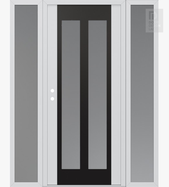 Modern Steel Front Door Diamond C14 60" x 80" white/white frosted Glass Panel black RHI with 2 Sidelites frosted Glass