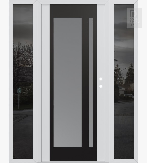 Modern Steel Front Door Diamond C15 60" x 80" white/white frosted Glass Panel black LHI with 2 Sidelites mirrored Glass