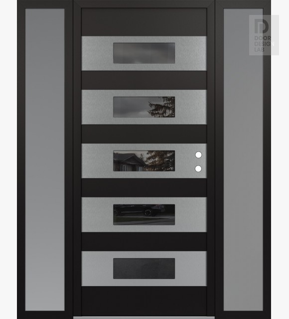 Modern Steel Front Door Diamond D5 64" x 80" black/black mirrored Glass Panel stainless steel LHI with 2 Sidelites frosted Glass