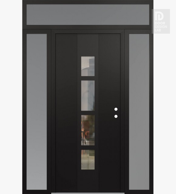 Modern Steel Front Door DIAMOND A10 60" X 96" BLACK/BLACK CLEAR GLASS PANEL BLACK LHI WITH 2 SIDELITES AND TRANSOM FROSTED GLASS
