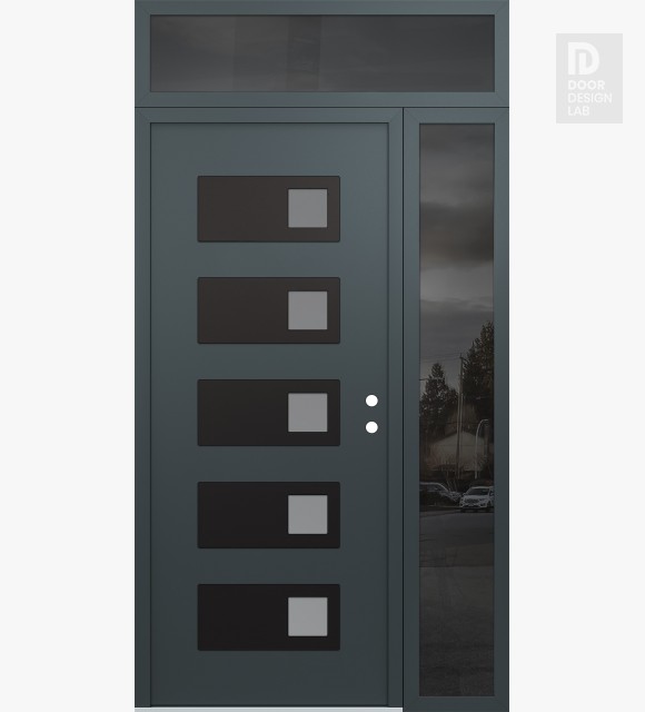 Modern Steel Front Door Diamond D2 52" x 96" anthracite/anthracite frosted Glass Panel black LHI with Sidelite and Transom mirrored Glass