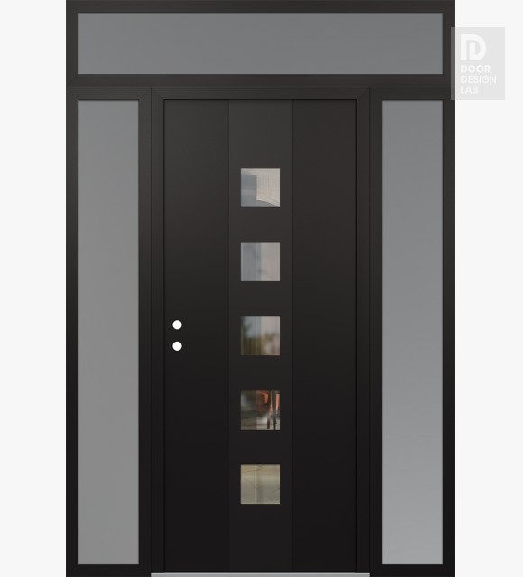 Modern Steel Front Door DIAMOND A13 68" X 96" BLACK/BLACK CLEAR GLASS PANEL BLACK RHI WITH 2 SIDELITES AND TRANSOM FROSTED GLASS