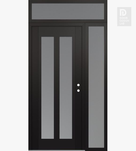 Modern Steel Front Door Diamond C14 52" x 96" black/white frosted Glass Panel black LHI with Sidelite and Transom frosted Glass