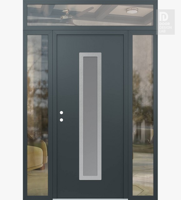 Modern Steel Front Door DIAMOND A11 64" X 96" ANTHRACITE/ANTHRACITE FROSTED GLASS PANEL STAINLESS STEEL RHI WITH 2 SIDELITES AND TRANSOM CLEAR GLASS