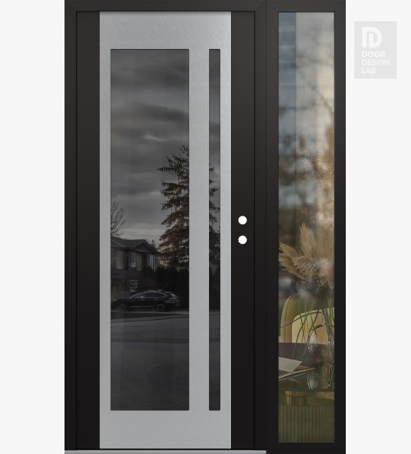 Modern Steel Front Door Diamond C15 50" x 80" black/black mirrored Glass Panel stainless steel LHI with Sidelite clear Glass