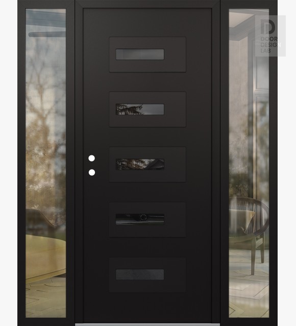 Modern Steel Front Door Diamond D6 68" x 80" black/black mirrored Glass Panel black RHI with 2 Sidelites clear Glass
