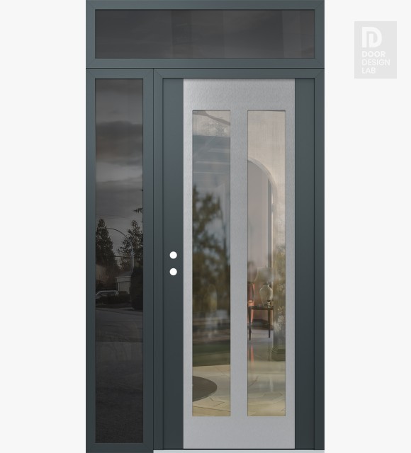 Modern Steel Front Door Diamond C14 50" x 96" anthracite/anthracite clear Glass Panel stainless steel RHI with Sidelite and Transom mirrored Glass