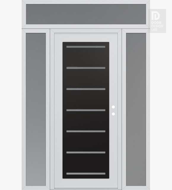 Modern Steel Front Door Diamond C11 64" x 96" white/white frosted Glass Panel black LHI with 2 Sidelites and Transom frosted Glass