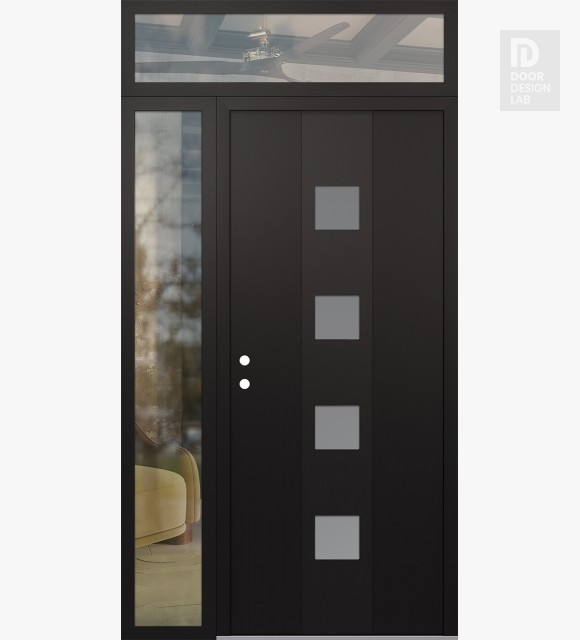 Modern Steel Front Door DIAMOND A12 50" X 96" BLACK/WHITE FROSTED GLASS PANEL BLACK RHI WITH SIDELITE AND TRANSOM CLEAR GLASS