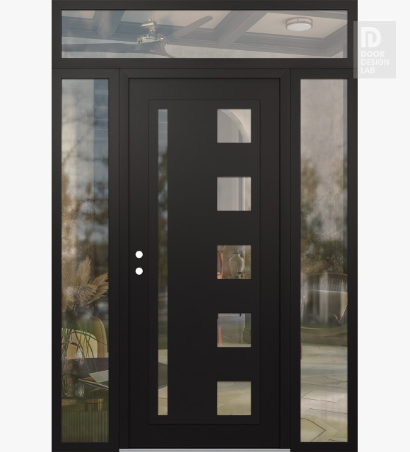 Modern Steel Front Door Diamond C3 64" x 96" black/black clear Glass Panel black RHI with 2 Sidelites and Transom clear Glass