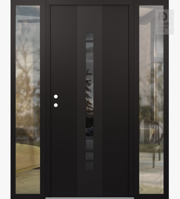 Modern Steel Front Door DIAMOND A3 64" X 80" BLACK/BLACK MIRRORED GLASS PANEL BLACK RHI WITH 2 SIDELITES CLEAR GLASS