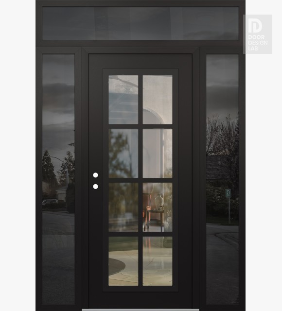 Modern Steel Front Door Diamond C16 64" x 96" black/black clear Glass Panel black RHI with 2 Sidelites and Transom mirrored Glass
