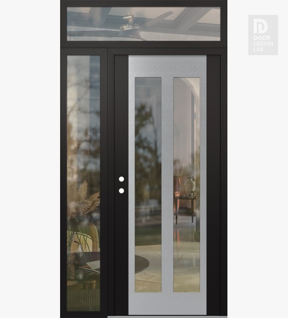 Modern Steel Front Door Diamond C14 52" x 96" black/black clear Glass Panel stainless steel RHI with Sidelite and Transom clear Glass