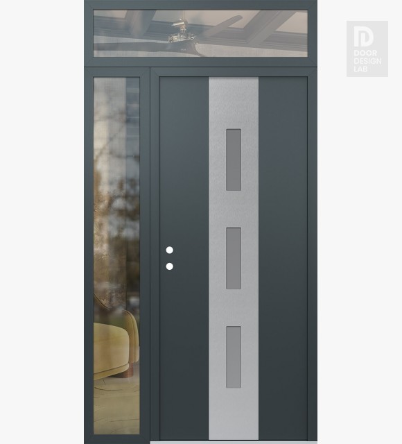 Modern Steel Front Door DIAMOND A7 52" X 96" ANTHRACITE/ANTHRACITE FROSTED GLASS PANEL STAINLESS STEEL RHI WITH SIDELITE AND TRANSOM CLEAR GLASS