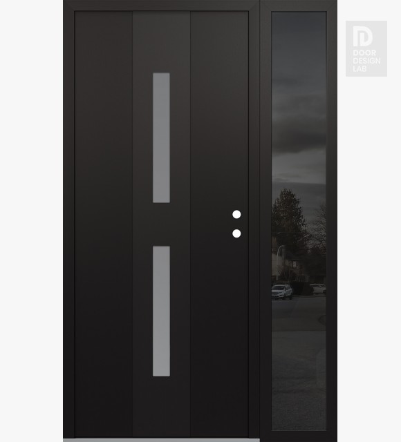 Modern Steel Front Door DIAMOND A6 50" X 80" BLACK/WHITE FROSTED GLASS PANEL BLACK LHI WITH SIDELITE MIRRORED GLASS